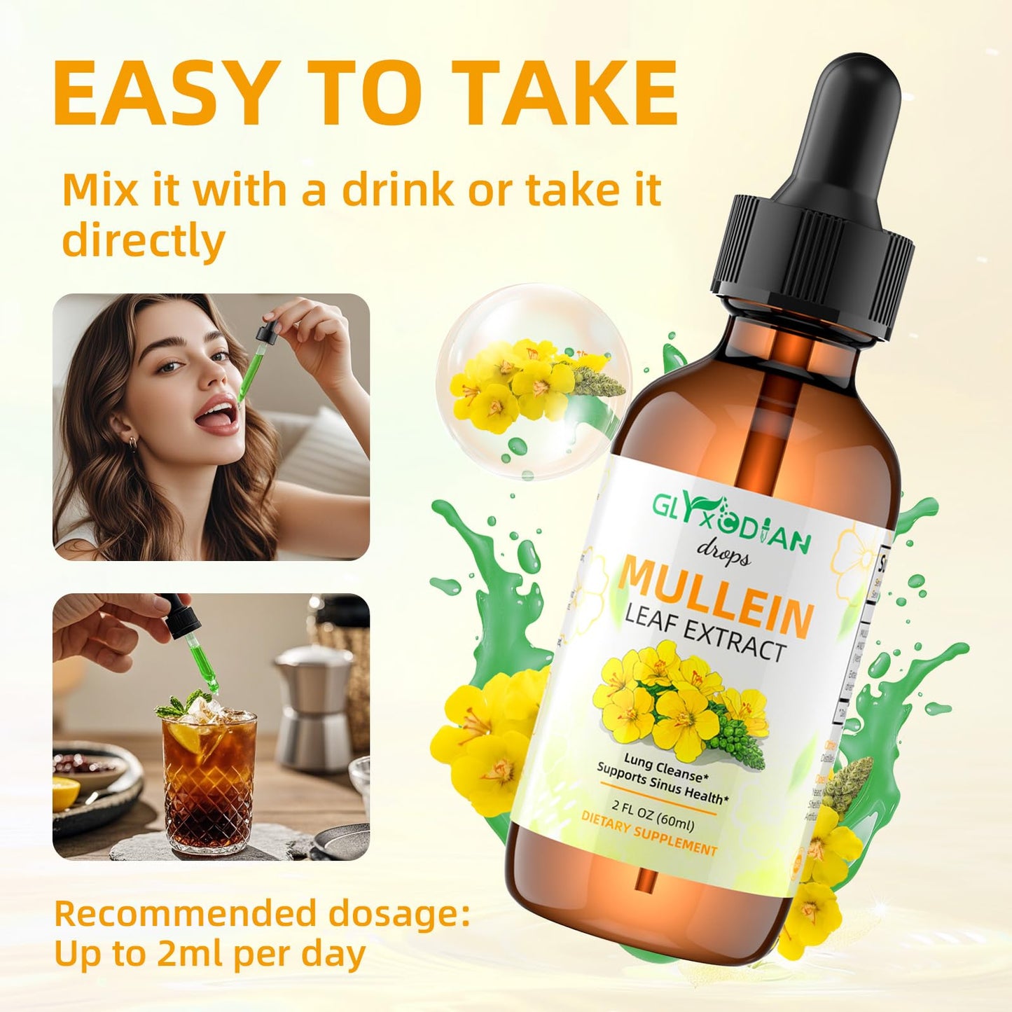 Mullein Leaf Extract Drops for Lungs – High Strength 1200mg Alcohol-Free Liquid Mullein | Lung Cleanse & Immune Support | Vegan & Non-GMO (60-Day Supply)