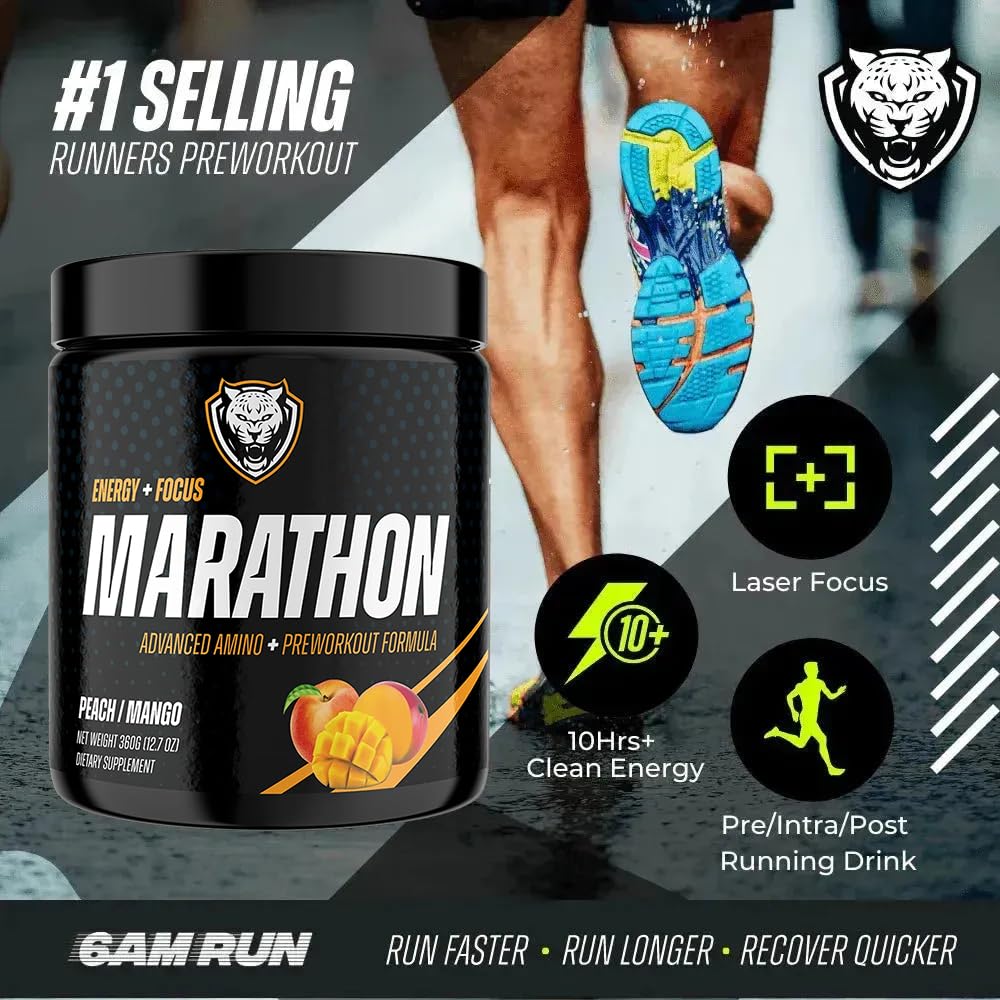 6AM Run Marathon - Amino Energy with BCAAs for Clean Pre-Run Fuel | Peach Mango, 40 Servings