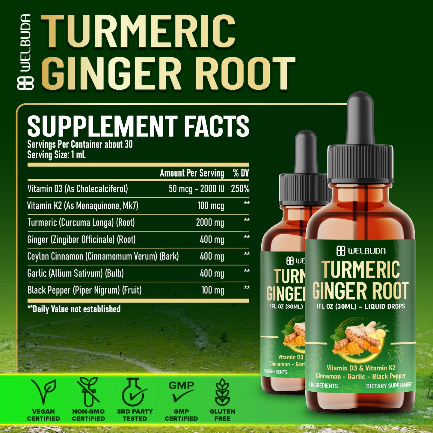 7in1 Liquid Turmeric Curcumin with D3 & K2 – 30ml Drops (2 Pack)