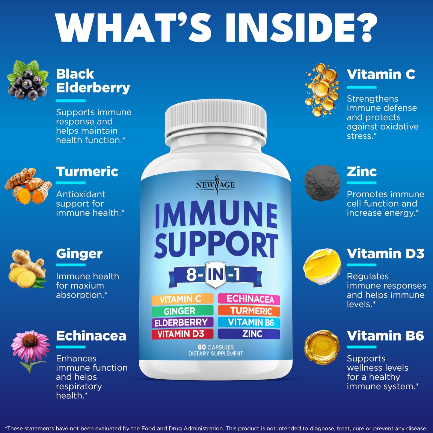 NEW AGE 8 in 1 Immune Support Booster – Vitamin D 5000 IU, Vitamin C 1000 mg, Zinc 50 mg, Elderberry & Echinacea – 180 Capsules (Pack of 3)
