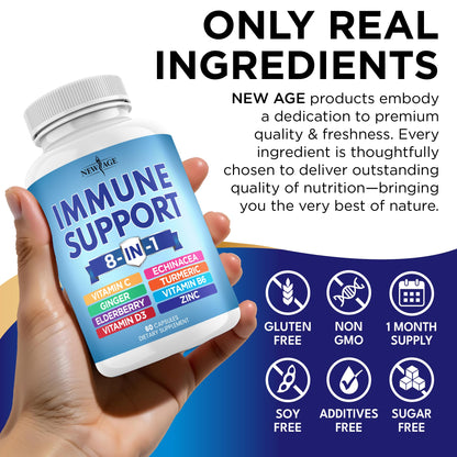 NEW AGE 8 in 1 Immune Support Booster – Vitamin D 5000 IU, Vitamin C 1000 mg, Zinc 50 mg, Elderberry & Echinacea – 180 Capsules (Pack of 3)