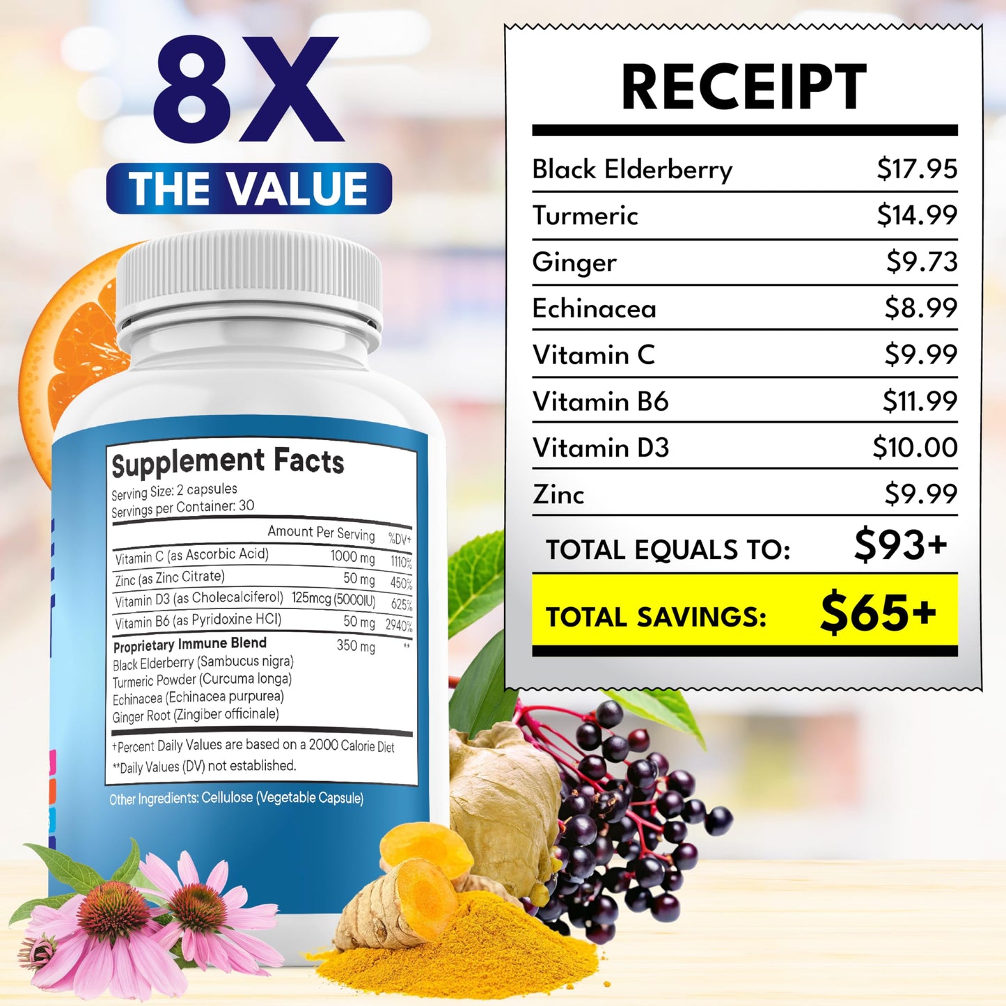 NEW AGE 8 in 1 Immune Support Booster – Vitamin D 5000 IU, Vitamin C 1000 mg, Zinc 50 mg, Elderberry & Echinacea – 180 Capsules (Pack of 3)