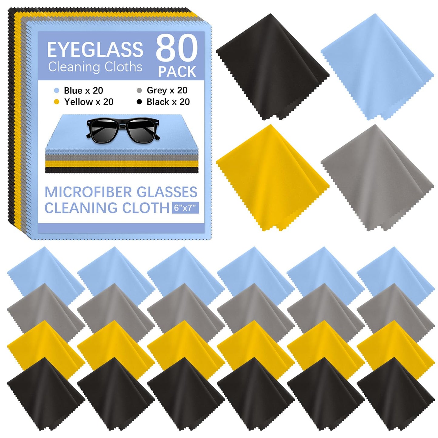 80-Pack Microfiber Cleaning Cloths for Glasses - Multi-Color - 6x7 inches