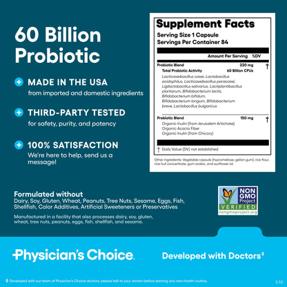 Physician's CHOICE Probiotics 60 Billion CFU – 10 Strains + Organic Prebiotics | 84ct