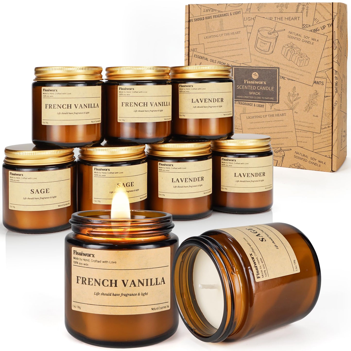 9 Pack Soy Candles – Vanilla, Lavender & Sage | 270 Hours Long-Lasting