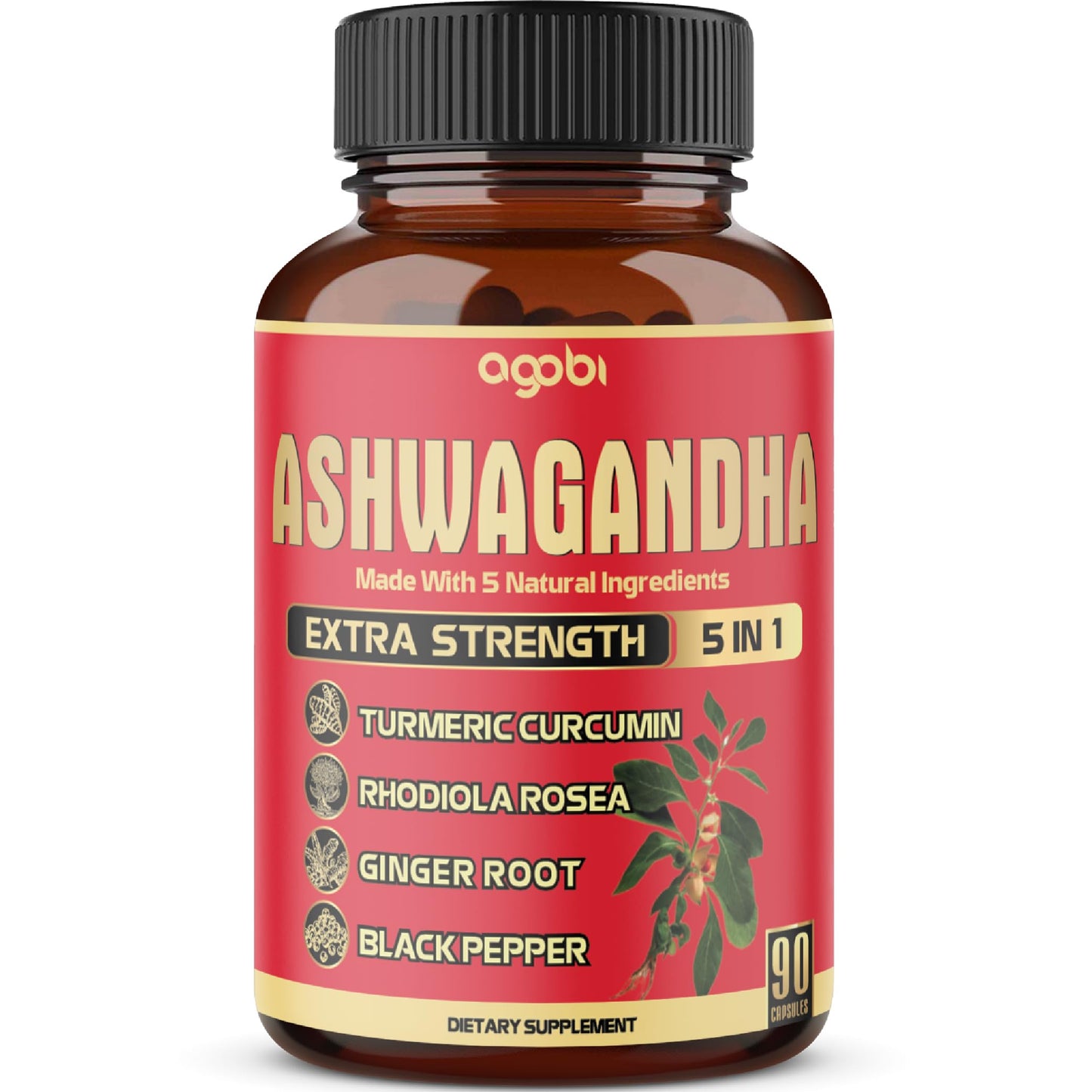 90 Capsules Ashwagandha Supplement with Ginger Root, Turmeric, Rhodiola Rosea & Black Pepper