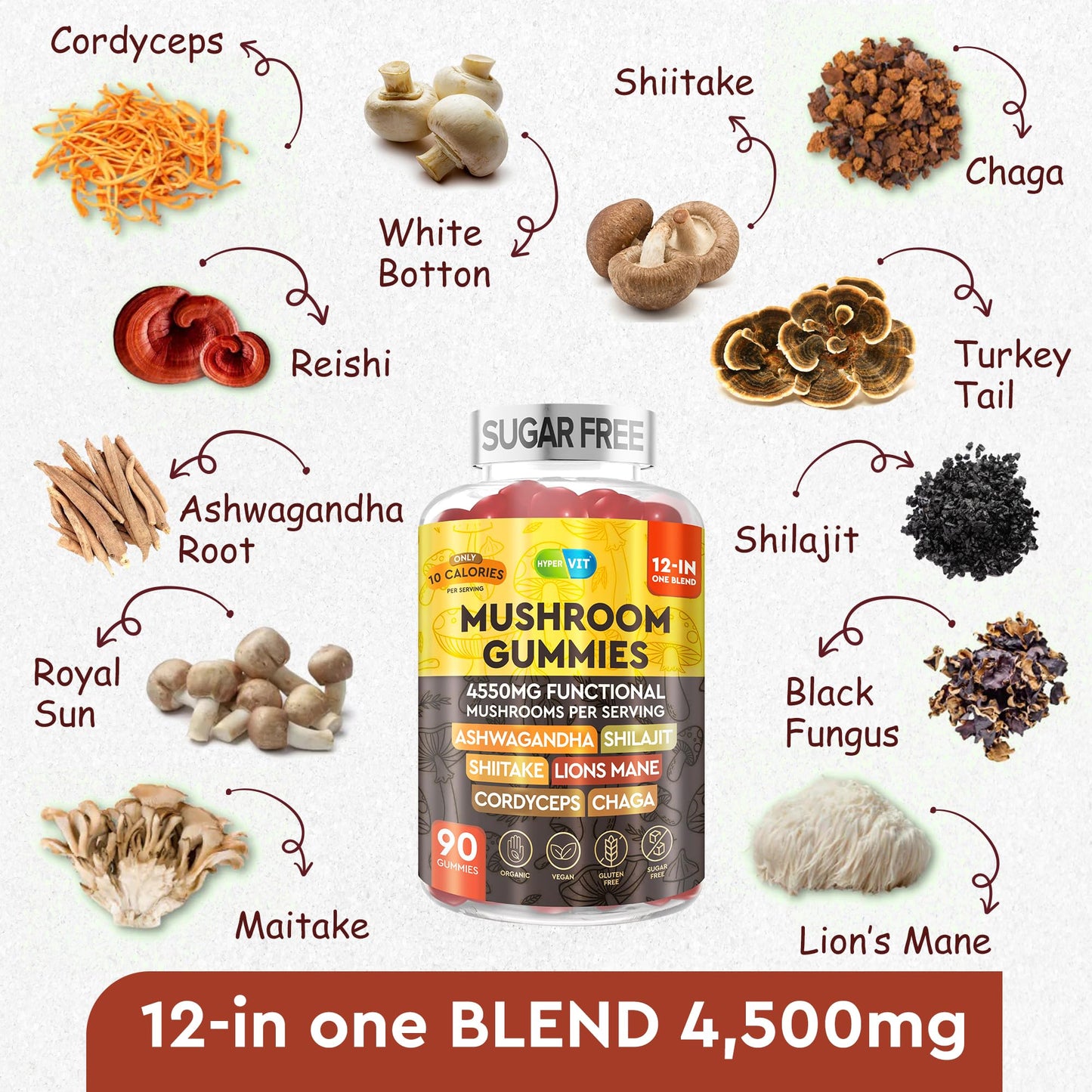 12in1 Mushroom Gummies 4550mg with Ashwagandha & Shilajit – Sugar Free, 90 Count (45 Servings) | Energy & Focus