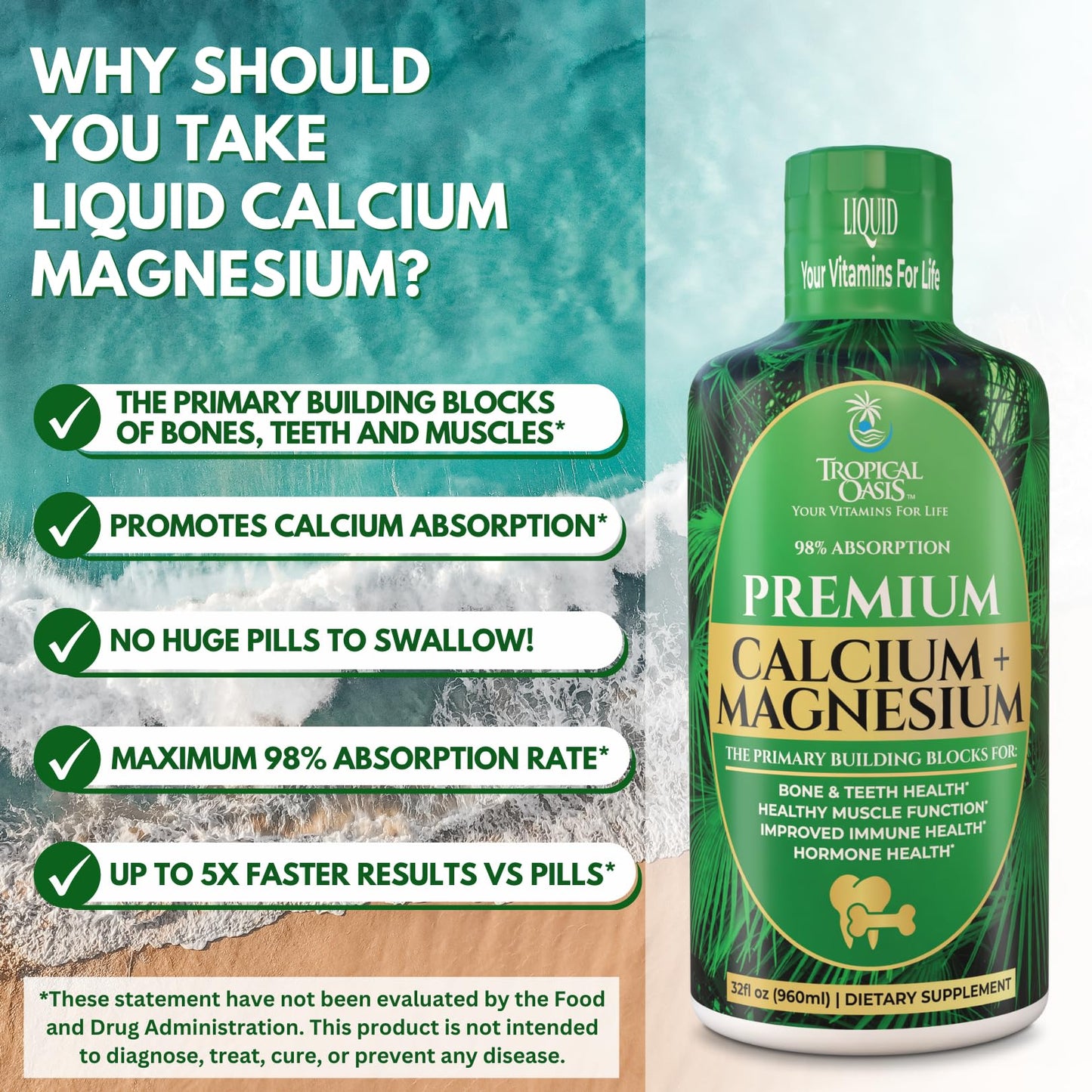 Tropical Oasis Liquid Calcium Magnesium – 98% Absorption – 32 Fl Oz (64 Serv)