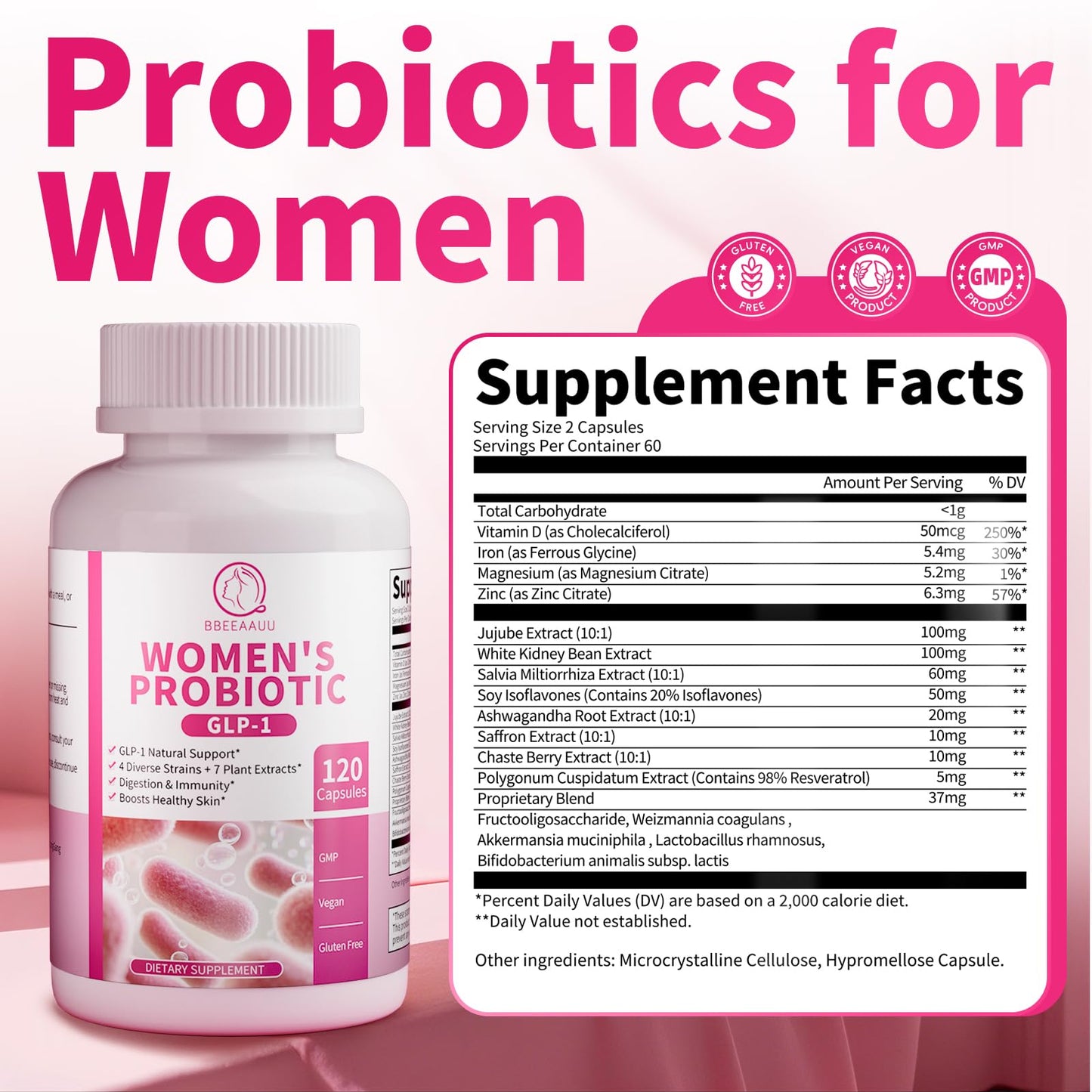 BBEEAAUU Probiotics for Women - 467B CFUs, GLP-1, Vegan, 120 Caps