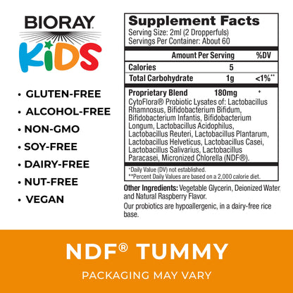BIORAY Kids NDF Tummy Raspberry – 11-Strain Probiotic, 4 fl oz, Immune Support in GI Tract, Non-GMO, Vegan, Gluten Free