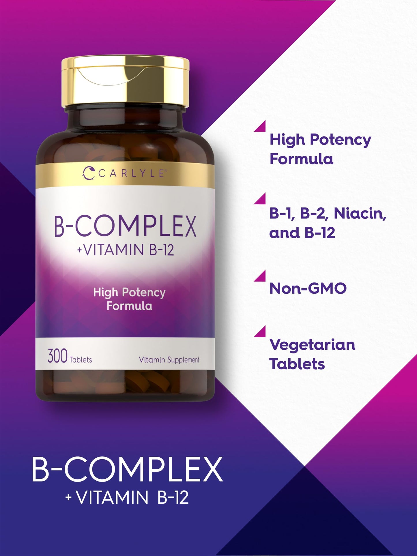 Carlyle B-Complex with B12 - 300 Tablets | High Potency, Vegetarian, Non-GMO