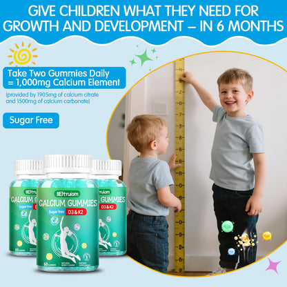 IIEltruiom Liposomal Calcium Citrate Gummies for Kids & Teens – 1000mg Calcium with Vitamin D3 & K2 (Sugar-Free) – Calcium Chews, 60 Count