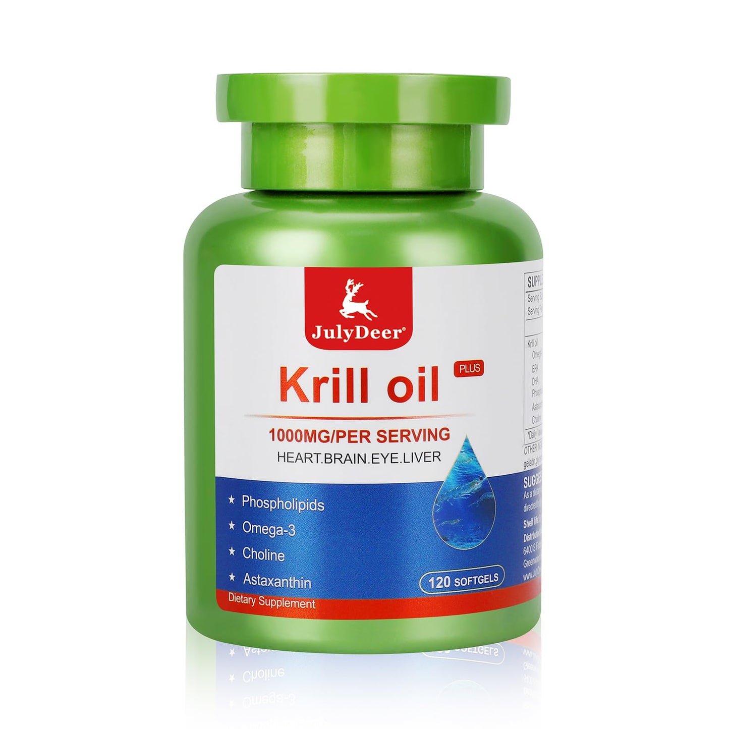 JulyDeer Krill Oil 1000 mg with Omega-3s – 120 Softgels – Antarctic, No Fishy Aftertaste
