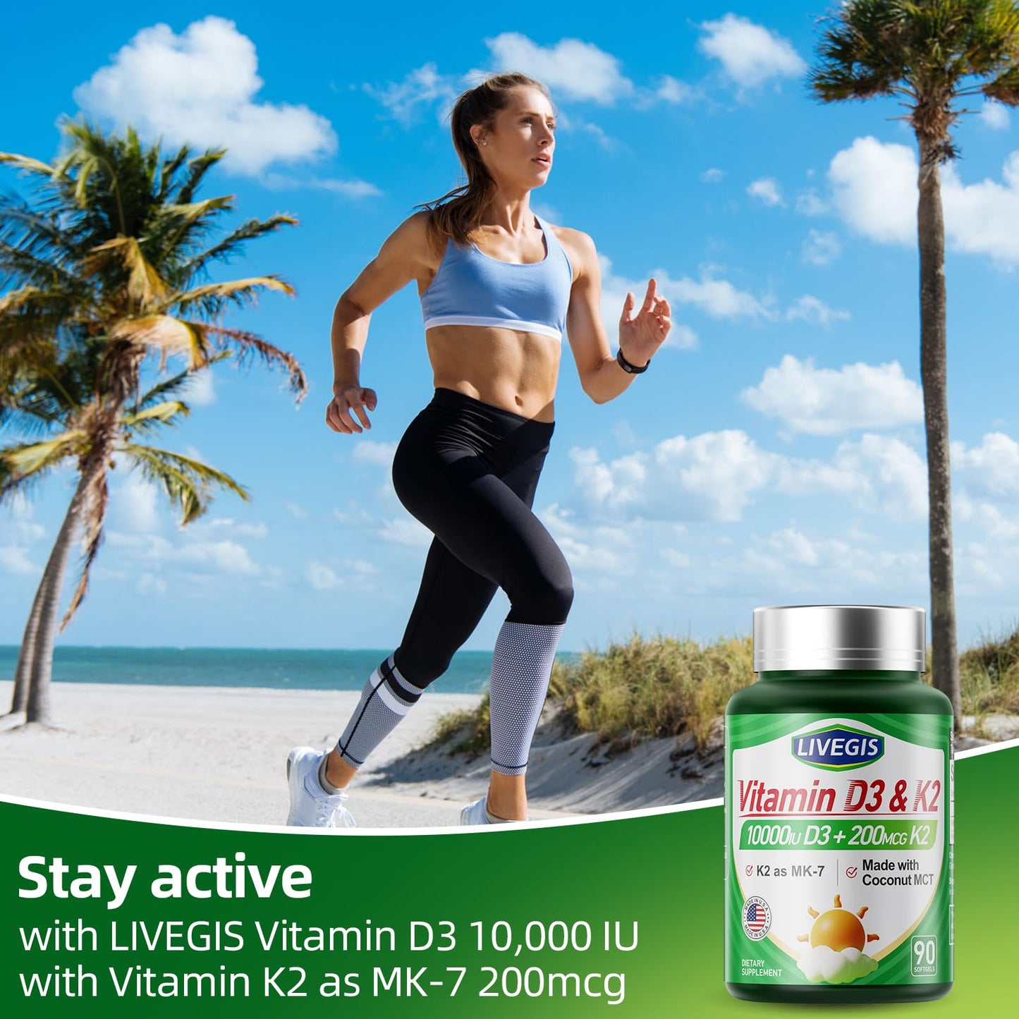 LIVEGIS Vitamin D3 K2 Softgels - 10000 IU D3 + 200 mcg MK-7 with Coconut Oil, 90 Count