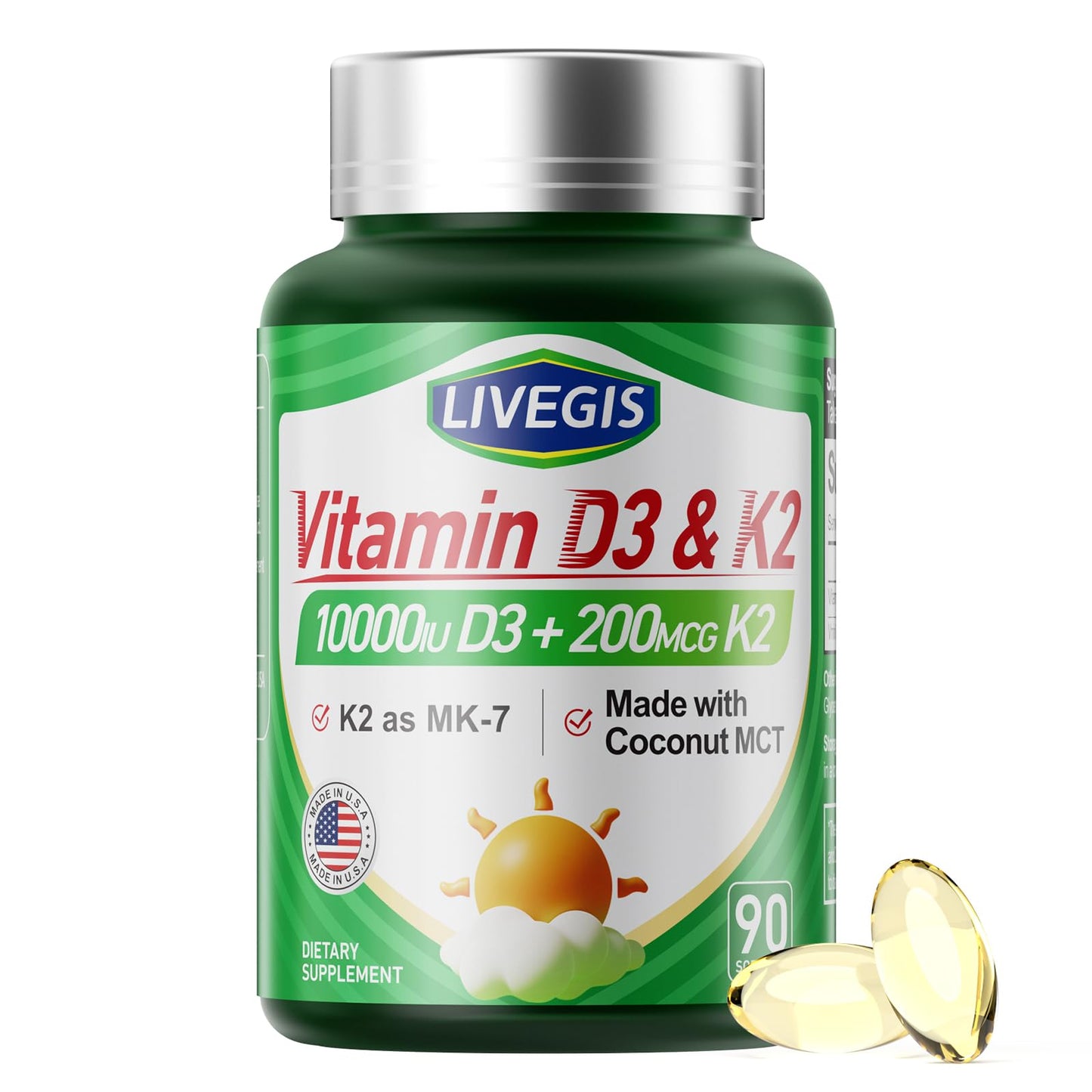 LIVEGIS Vitamin D3 K2 Softgels - 10000 IU D3 + 200 mcg MK-7 with Coconut Oil, 90 Count