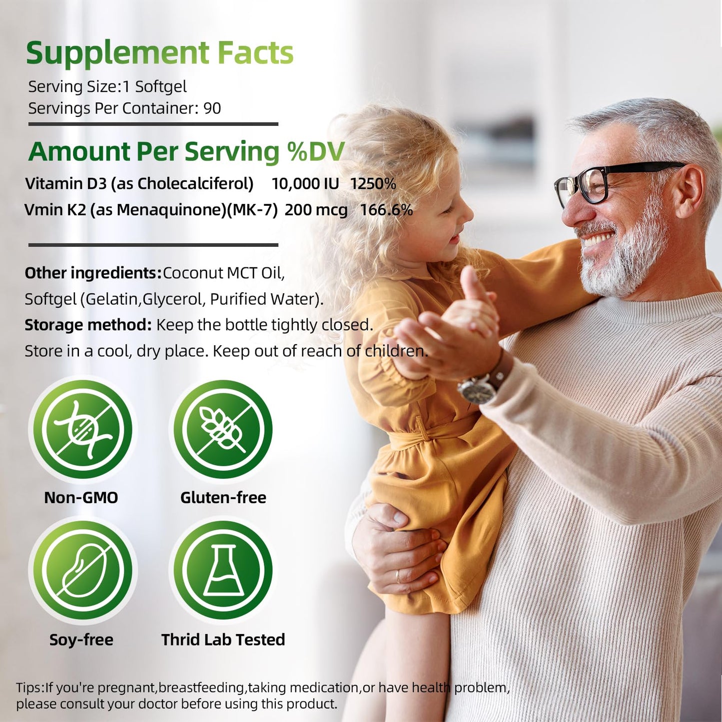 LIVEGIS Vitamin D3 K2 Softgels - 10000 IU D3 + 200 mcg MK-7 with Coconut Oil, 90 Count