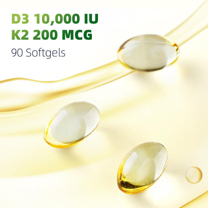 LIVEGIS Vitamin D3 K2 Softgels - 10000 IU D3 + 200 mcg MK-7 with Coconut Oil, 90 Count
