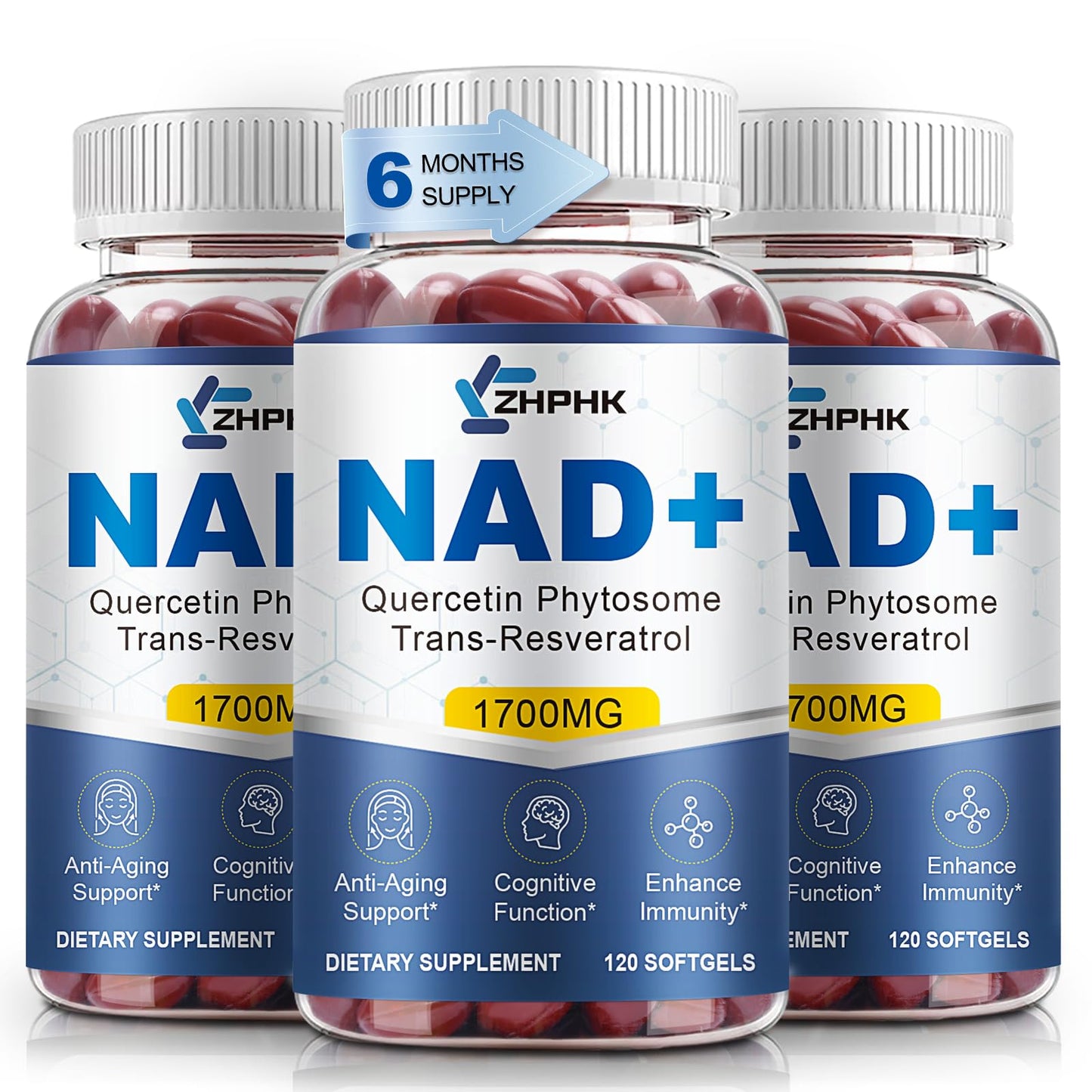 NAD Supplement Softgels 1700mg – NR, Quercetin Phytosome, Trans-Resveratrol & TMG | 360-Count (180 Days)