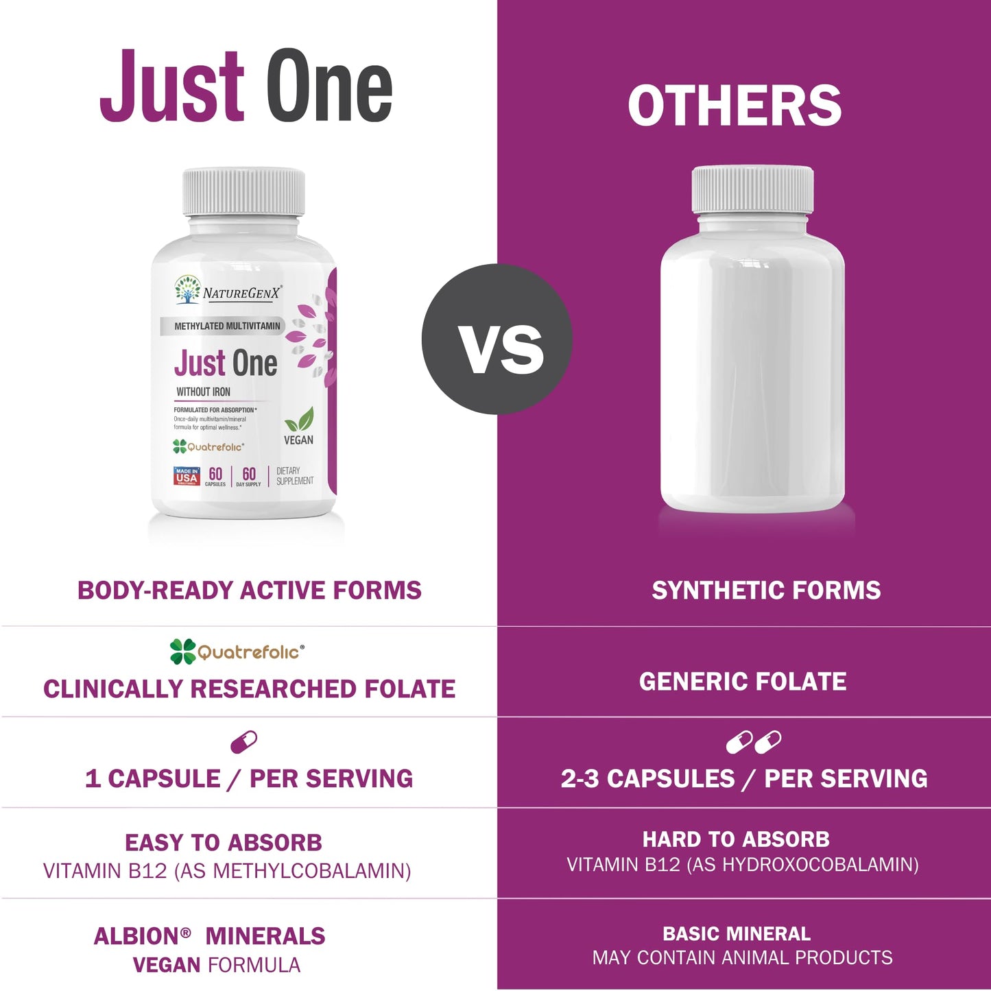 NatureGenX Just One Daily Methylated Multivitamin – 60 Vegan Capsules, USA-Made, Iron-Free