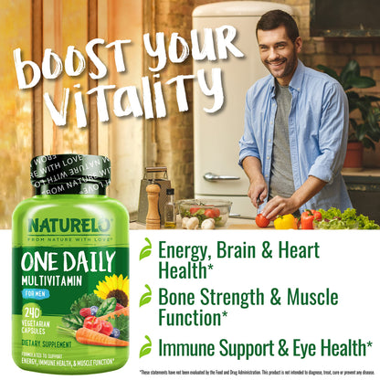 NATURELO Mens Multivitamins – One Daily Multivitamin for Men with Organic Whole Foods & High-Absorption Nutrients | Non-GMO, 240 Veggie Capsules