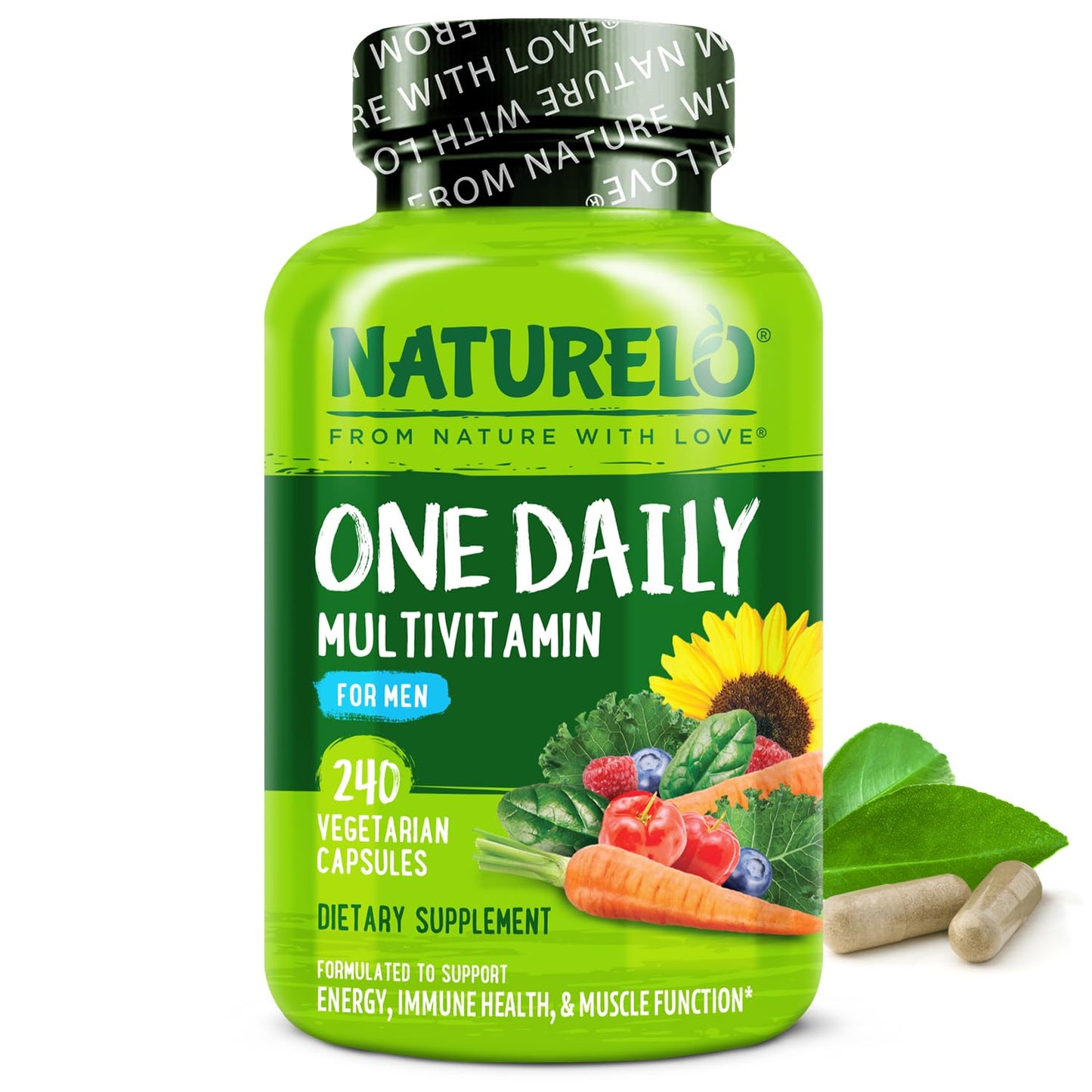 NATURELO Mens Multivitamins – One Daily Multivitamin for Men with Organic Whole Foods & High-Absorption Nutrients | Non-GMO, 240 Veggie Capsules