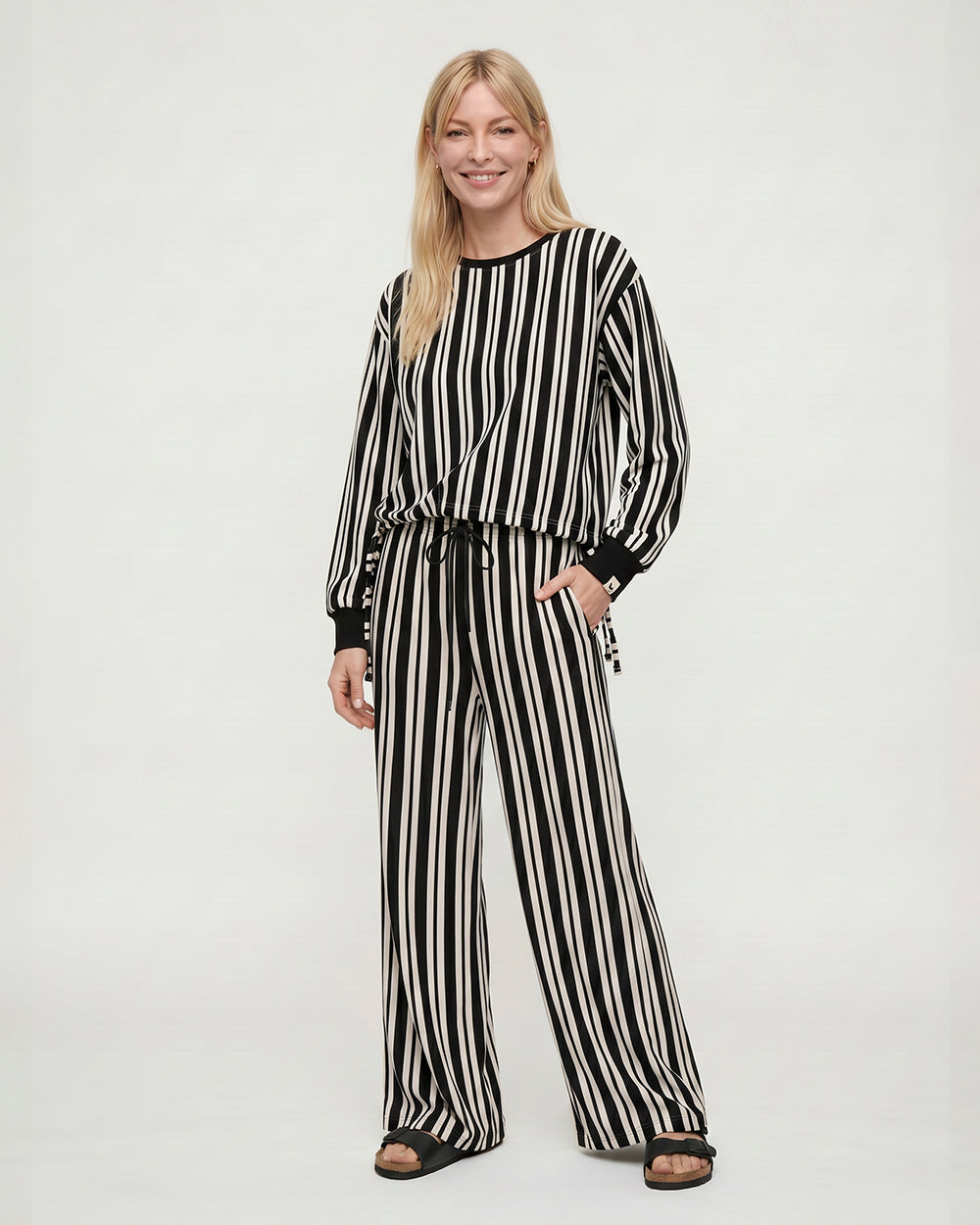 Thi Black Stripe Print Wide Leg Trouser