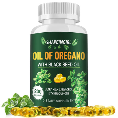 SHAPEINGIRL Organic Oregano Oil Capsules with Black Seed Oil | 200 Softgels