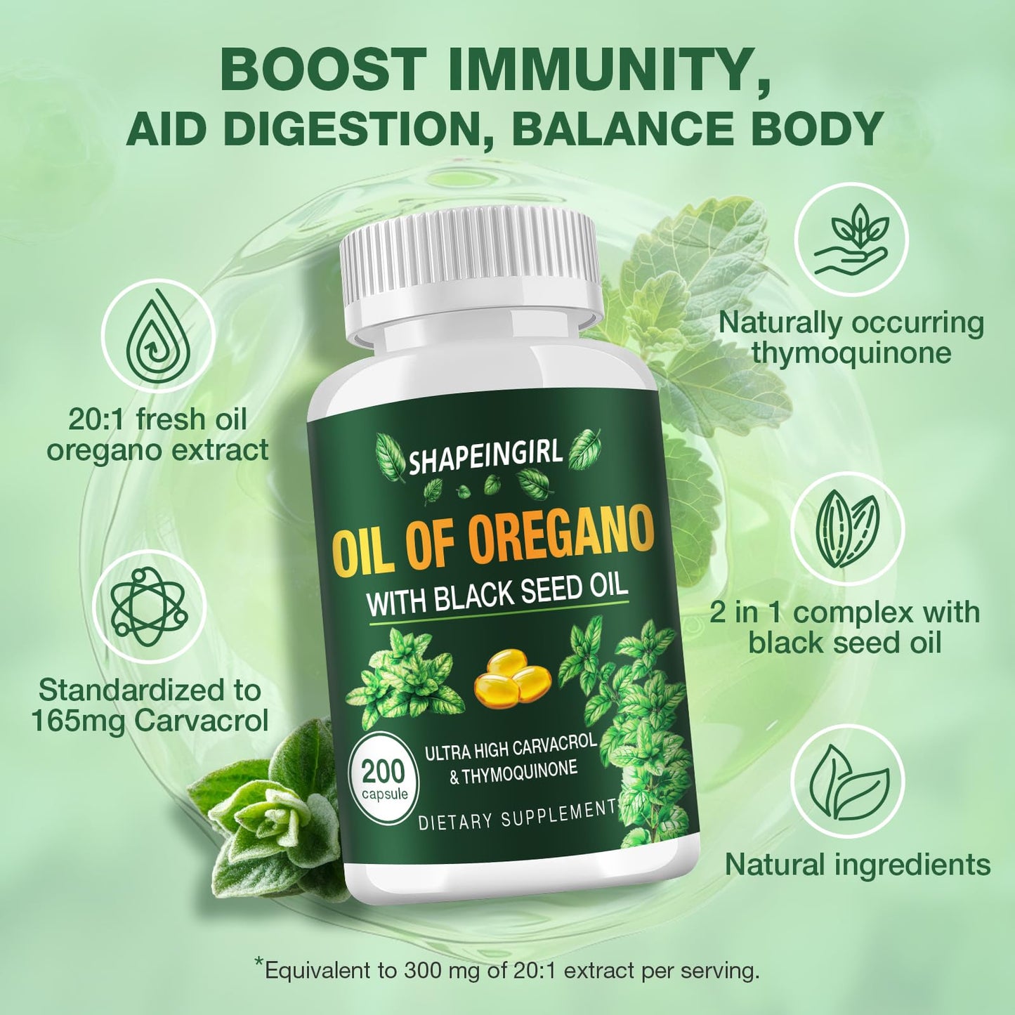 SHAPEINGIRL Organic Oregano Oil Capsules with Black Seed Oil | 200 Softgels
