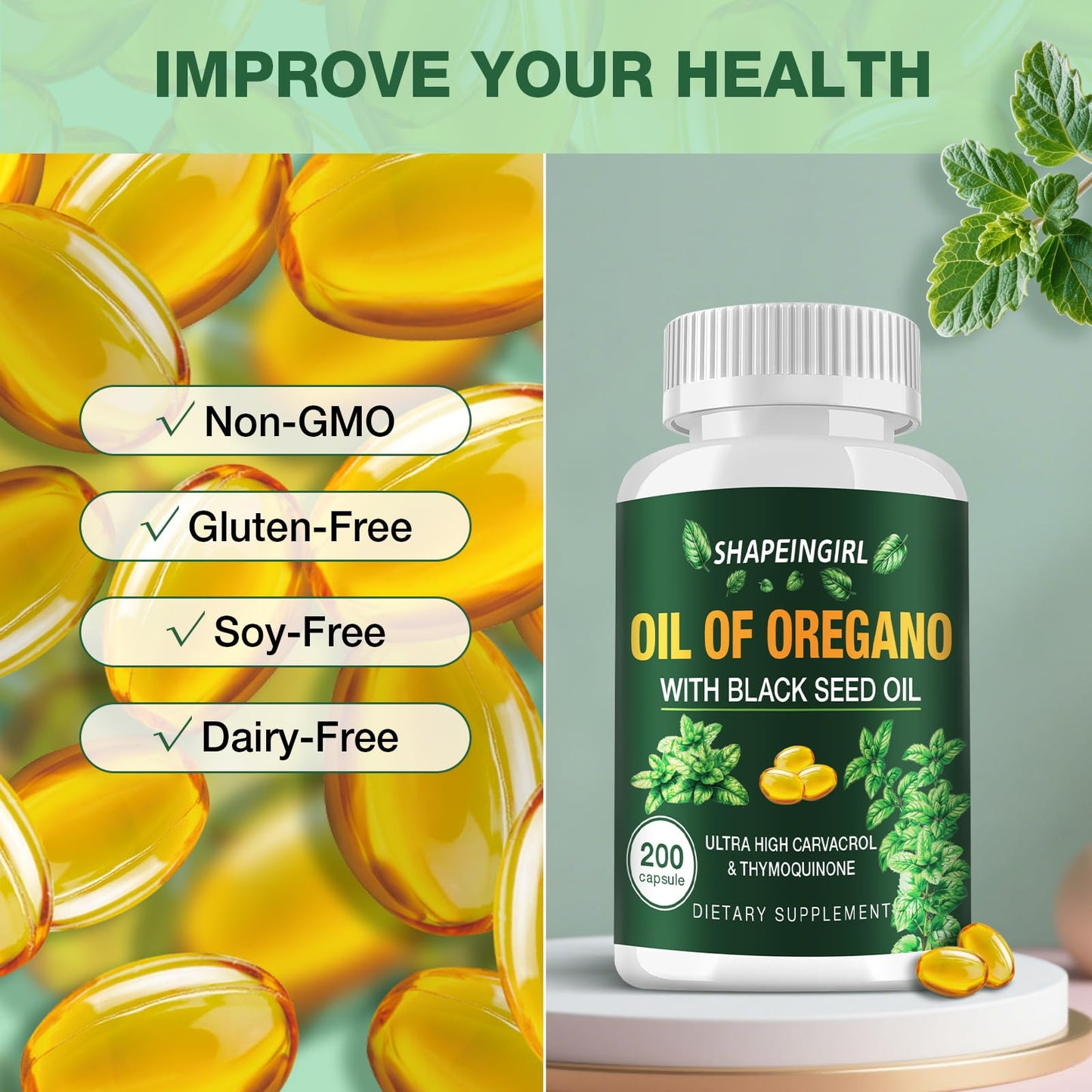 SHAPEINGIRL Organic Oregano Oil Capsules with Black Seed Oil | 200 Softgels