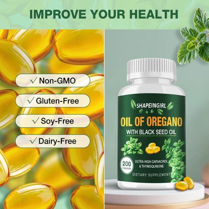 SHAPEINGIRL Organic Oregano Oil Capsules with Black Seed Oil | 200 Softgels