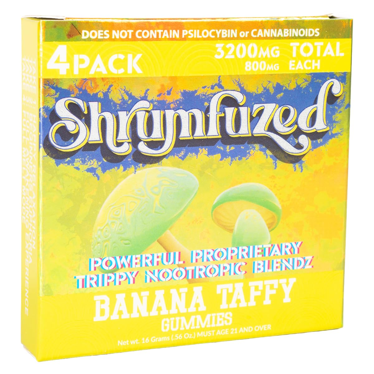 Shrumfuzed Proprietary Nootropic Gummy 3200mg – Lion's Mane, Reishi, Chaga & Cordyceps (4 Mushroom Blend) – Banana Taffy