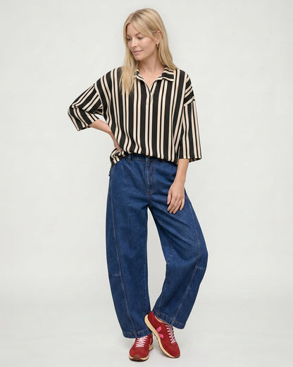 Vi Brown Stripe Print V-Neck Shirt