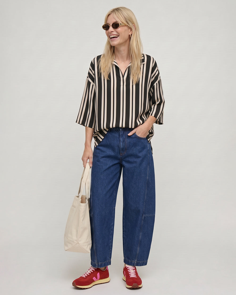 Vi Brown Stripe Print V-Neck Shirt