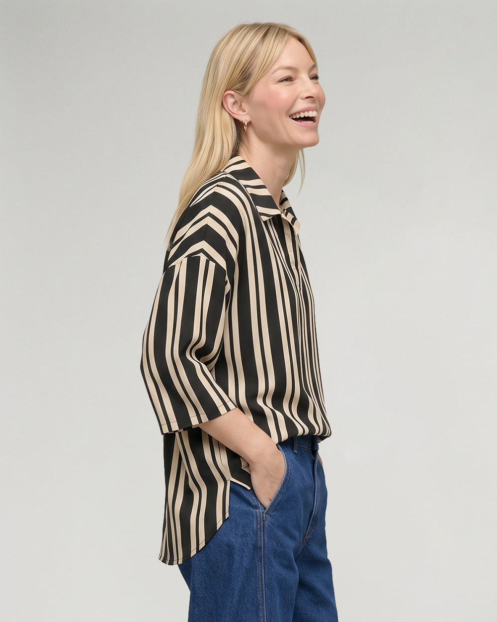 Vi Brown Stripe Print V-Neck Shirt