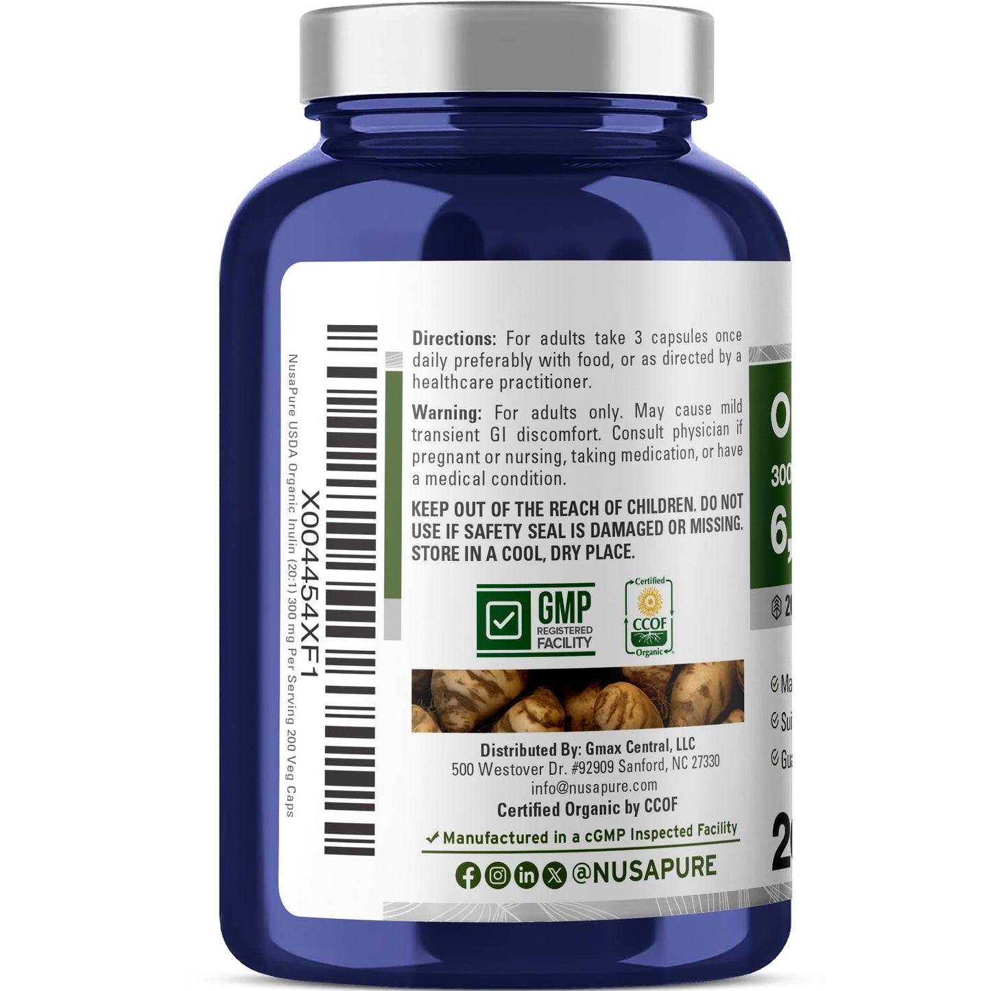 NusaPure Inulin Powder 20:1 Extract – 300 mg per Serving (equiv. 6,000 mg) | 200 Veggie Capsules | USDA Organic, Non-GMO, Vegetarian & Vegan
