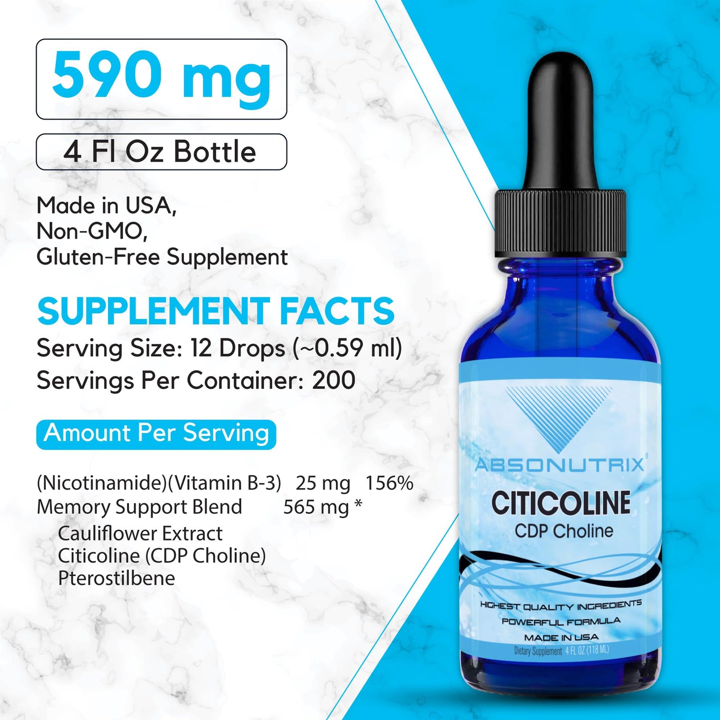Absonutrix Citicoline 590 mg – USA Made, GMP Certified, Non-GMO | 4 oz Bottle
