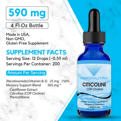 Absonutrix Citicoline 590 mg – USA Made, GMP Certified, Non-GMO | 4 oz Bottle