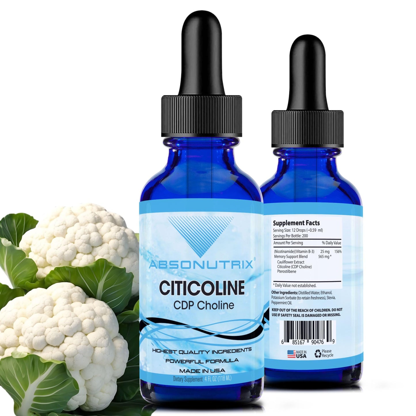 Absonutrix Citicoline 590 mg – USA Made, GMP Certified, Non-GMO | 4 oz Bottle