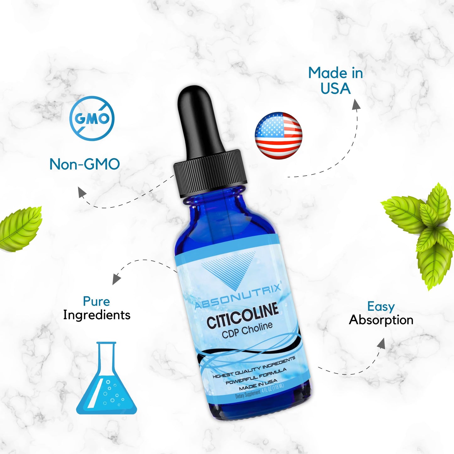 Absonutrix Citicoline 590 mg – USA Made, GMP Certified, Non-GMO | 4 oz Bottle