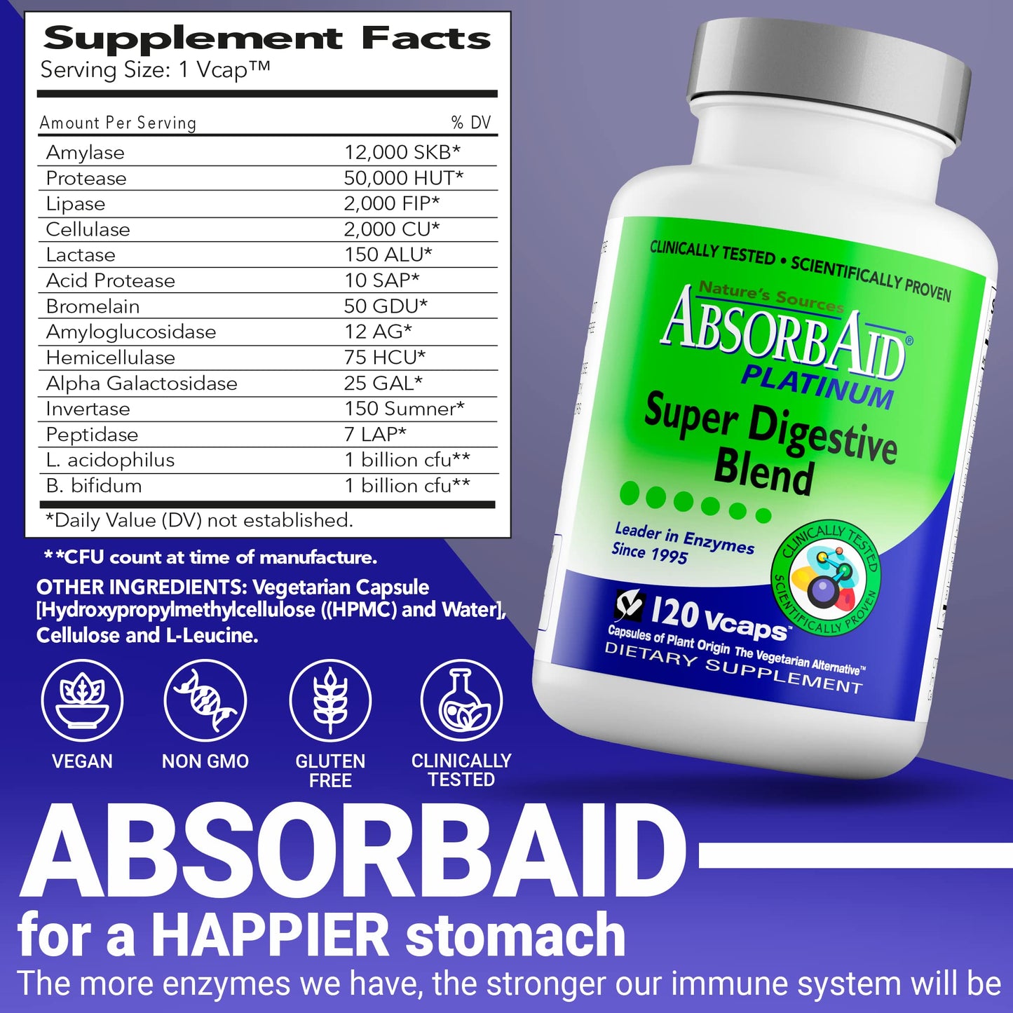 AbsorbAid Platinum Digestive Enzyme Support – 120 vCaps, 12 Enzymes + 2 Probiotics