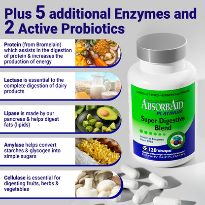 AbsorbAid Platinum Digestive Enzyme Support – 120 vCaps, 12 Enzymes + 2 Probiotics