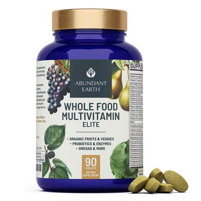 Abundant Earth Whole Food Multivitamin for Women & Men | Vegan, Probiotic & Enzymes | 90 Count