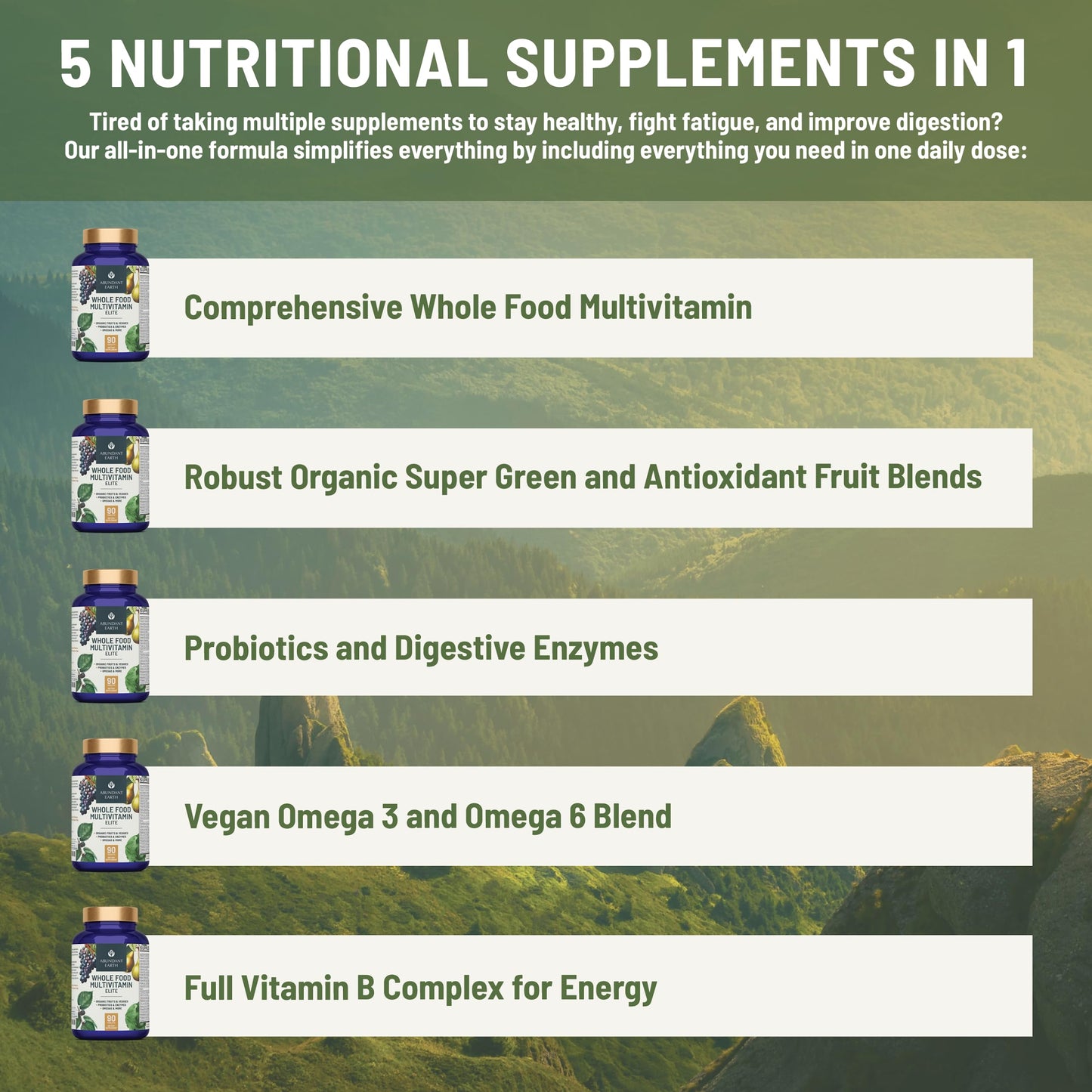 Abundant Earth Whole Food Multivitamin for Women & Men | Vegan, Probiotic & Enzymes | 90 Count