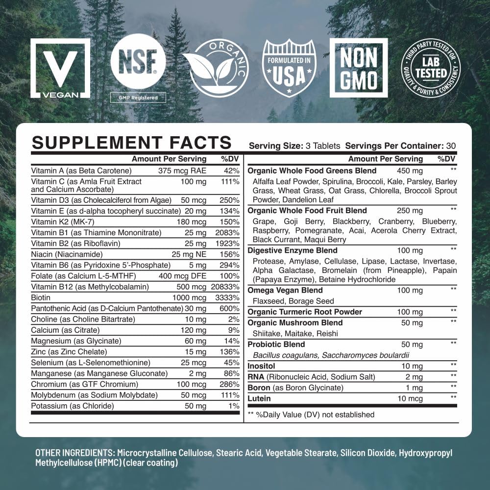 Abundant Earth Whole Food Multivitamin for Women & Men | Vegan, Probiotic & Enzymes | 90 Count