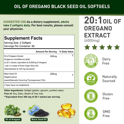 ACBUF Oil of Oregano with Black Seed Oil – 180 Softgels, Organic, 165mg Carvacrol