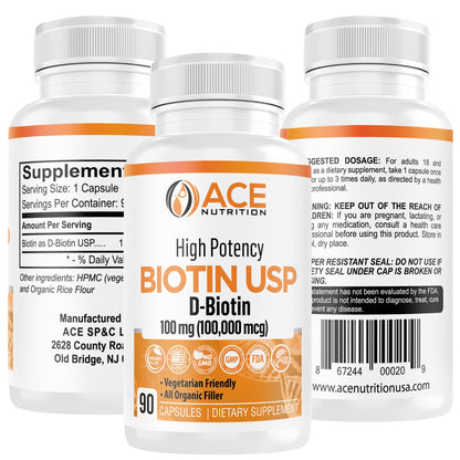 ACE NUTRITION High Potency Biotin USP 100mg (100,000mcg) – D-Biotin