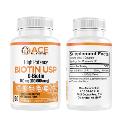 ACE NUTRITION High Potency Biotin USP 100mg (100,000mcg) – D-Biotin