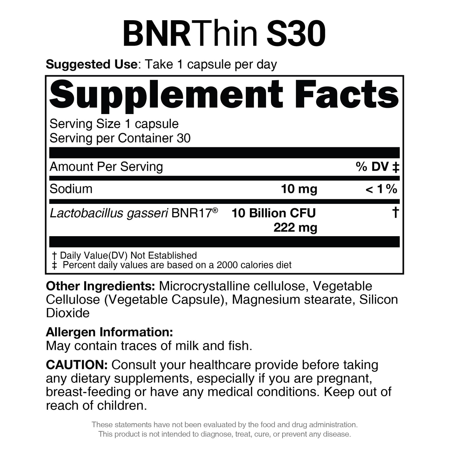 AceBiome BNRThin S30 Probiotic – Lactobacillus gasseri BNR17, 10B CFU, 30 Caps