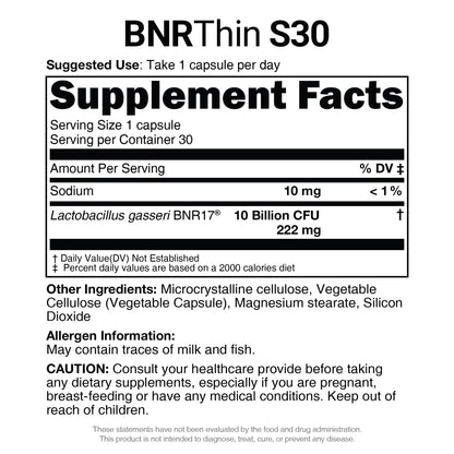 AceBiome BNRThin S30 Probiotic – Lactobacillus gasseri BNR17, 10B CFU, 30 Caps