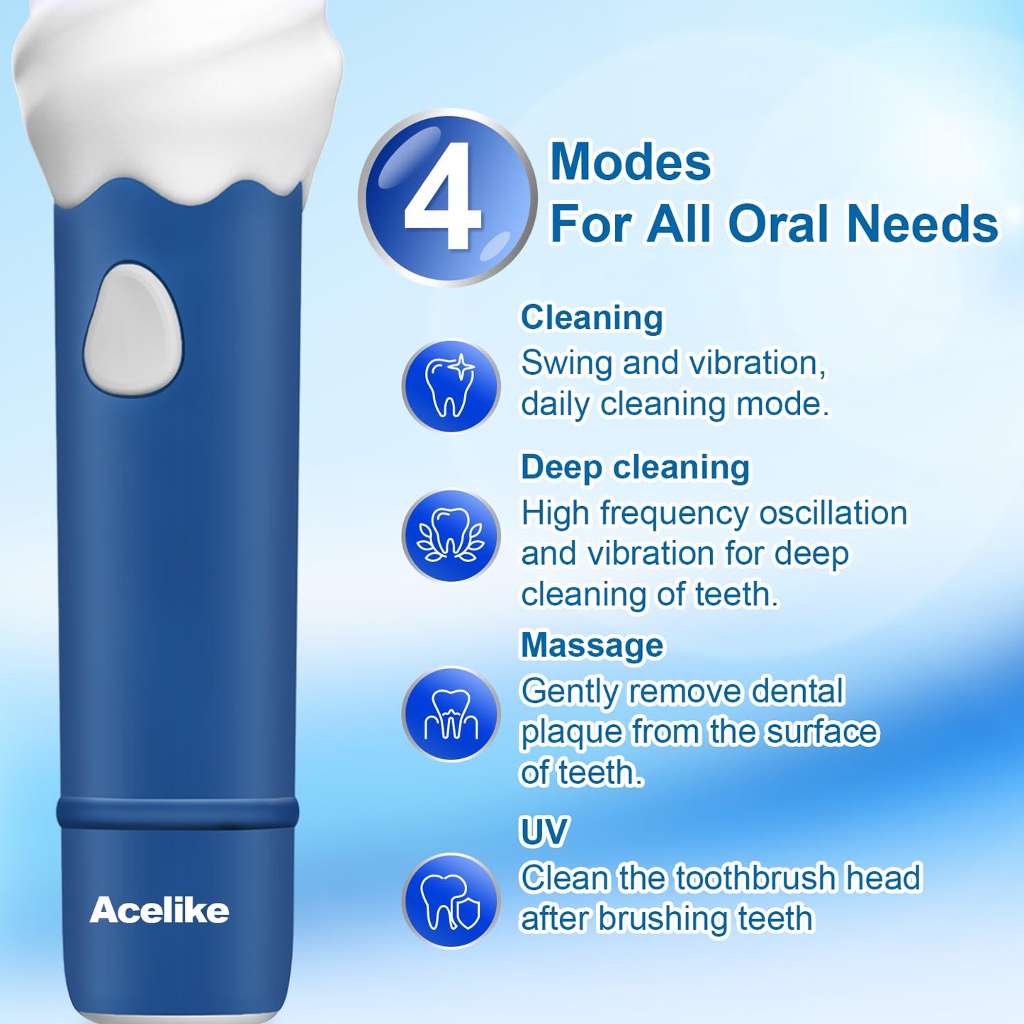 Acelike UV Self-Clean Kids Electric Toothbrush – 4 Modes, 2-Min Timer, 60-Day Charge (Blue)